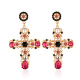 Vintage Black Pink Crystal Cross Drop Earrings for Women Baroque Bohemian Large Long Earrings Jewelry