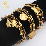 Tree Owl Boy and Girl Charm Bracelet Double Layer Gold Figaro Chain Bracelets For Men Women