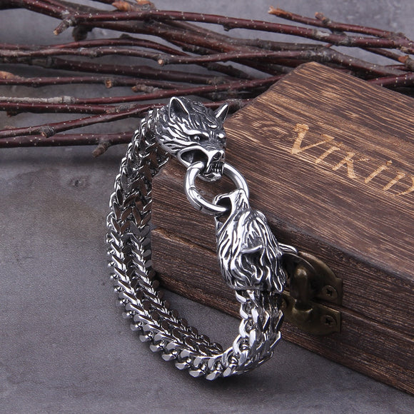 Rock Viking Wolf Charm Bracelet Men's Stainless Steel Mesh Chain Gold Wolf Punk Bracelets Biker Jewelry