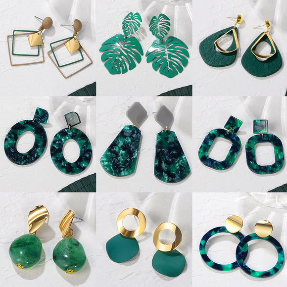 Korean Statement Earrings. Green Arcylic Geometric Dangle Drop Gold Earings