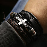 3 Pcs/Set Leather Bracelets Men Bangles For Women Wood Beads Feather TRUST IN GOD Cross Charm Homme Gift Jewelry Freely Shipping