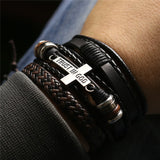 3 Pcs/Set Leather Bracelets Men Bangles For Women Wood Beads Feather TRUST IN GOD Cross Charm Homme Gift Jewelry Freely Shipping