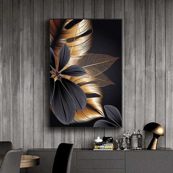 Black Golden Plant Leaf Canvas Poster