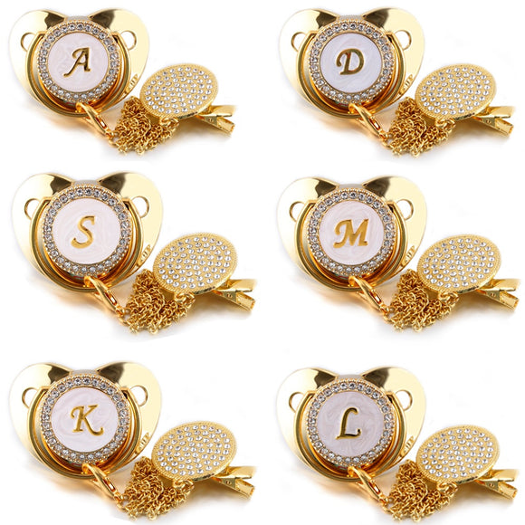 26 Name Initial Letter Baby Pacifier and Pacifier Clips BPA Free Silicone Infant Nipple Gold Bling Newborn Dummy Soother