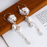 Long Tassel Simulated Pearl Drop Earrings Big Crystal Bead Flower Petal Earrings for Women Wedding Jewelry