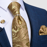 Men Tie Gold, Tie Ring Hanky Cufflink Silk Tie Set