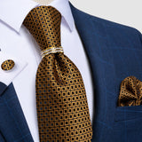 Men Tie Gold, Tie Ring Hanky Cufflink Silk Tie Set