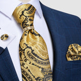 Men Tie Gold, Tie Ring Hanky Cufflink Silk Tie Set