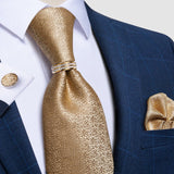 Men Tie Gold, Tie Ring Hanky Cufflink Silk Tie Set