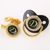 Luxury Black Bling Baby Pacifier And Clip Alphabet Letter M Infant Pacifier Gold Letter Unique 26 Name Initials Baby Shower Gift