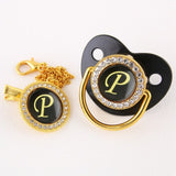 Luxury Black Bling Baby Pacifier And Clip Alphabet Letter M Infant Pacifier Gold Letter Unique 26 Name Initials Baby Shower Gift