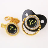 Luxury Black Bling Baby Pacifier And Clip Alphabet Letter M Infant Pacifier Gold Letter Unique 26 Name Initials Baby Shower Gift