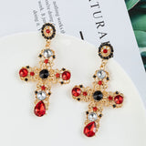 Vintage Black Pink Crystal Cross Drop Earrings for Women Baroque Bohemian Large Long Earrings Jewelry