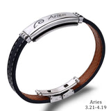 Cuff Bracelet- Fashion Charm Jewelry Black Leather Stainless Steel Men Casual Zodiac Signs Punk Bracelet