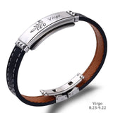 Cuff Bracelet- Fashion Charm Jewelry Black Leather Stainless Steel Men Casual Zodiac Signs Punk Bracelet