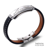 Cuff Bracelet- Fashion Charm Jewelry Black Leather Stainless Steel Men Casual Zodiac Signs Punk Bracelet