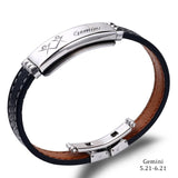 Cuff Bracelet- Fashion Charm Jewelry Black Leather Stainless Steel Men Casual Zodiac Signs Punk Bracelet