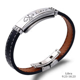 Cuff Bracelet- Fashion Charm Jewelry Black Leather Stainless Steel Men Casual Zodiac Signs Punk Bracelet