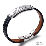 Cuff Bracelet- Fashion Charm Jewelry Black Leather Stainless Steel Men Casual Zodiac Signs Punk Bracelet