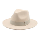 fedora hat women men ribbon band belt wide brim classic beige white felted hat british elegant fascinator men winter women's hat